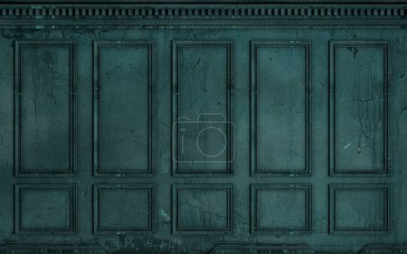 3D-Illustration. Klassische Wand aus alten Stuckplatten mit blauer Farbe. Tischlerarbeiten im Innenraum. Hintergrund.