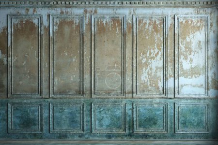 Ilustración 3d. Pared clásica de viejos paneles de estuco pintura azul. Carpintería en el interior. Contexto.