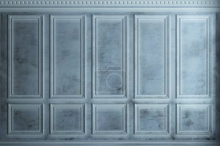 3D-Illustration. Klassische Wand aus alten Stuckplatten mit blauer Farbe. Tischlerarbeiten im Innenraum. Hintergrund mit kaltem Frost