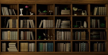 3D-Illustration. Wand Holz Hintergrund klassische Bibliothek Bücher oder Schrank Wand Arbeitszimmer oder Wohnzimmer, Bildung