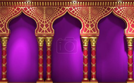 Photo for 3d illustration. Eastern arch of the mosaic. Carved architecture and classic columns. Indian style. Decorative architectural frame viva magenta . - Royalty Free Image