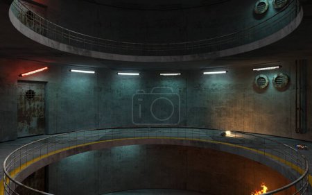 Téléchargez les photos : Illustration 3D. Couloir post-industriel du laboratoire secret. Zone de Tchernobyl. Jeu de tir intérieur - en image libre de droit