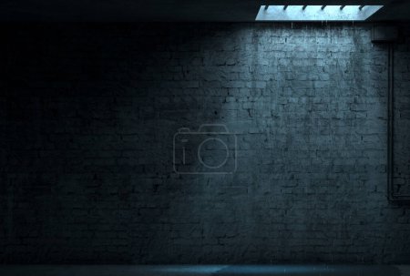 3D-Illustration. Ziegelmauer einer Straßenfassade in der Nacht. Eingang zum Raum. Schmutzige alte Pforte. Lampe. Hintergrund Banner Tapete