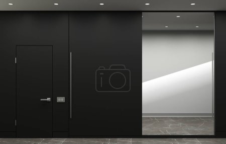 3D-Illustration. Moderne dunkle Garderobe und minimalistische Türen. Möbel