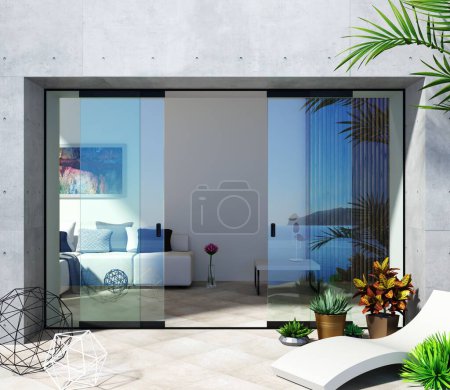 3D-Illustration. Die Fassadenattrappe einer modernen Villa am Meer mit automatischen schwarzen Schiebetüren.