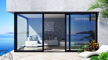 Ilustración 3D. La maqueta de fachada de un moderno patio de villa de mar con puertas correderas negras automáticas.
