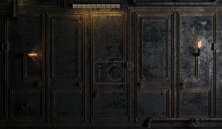 3d illustration. Wall made of loft steampunk panels. Industrial background. Grunge