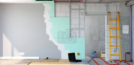 Photo for 3d illustration. Concept wide background wallpaper wall apartment renovation. Construction process with stages - Royalty Free Image