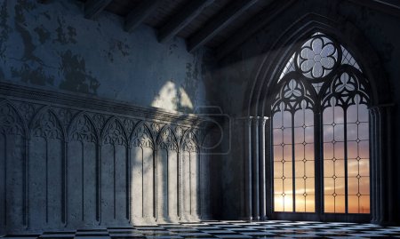 Ilustración 3d. Castillo abandonado con una gran ventana gótica los rayos de la puesta del sol. Catedral arquitectura medieval