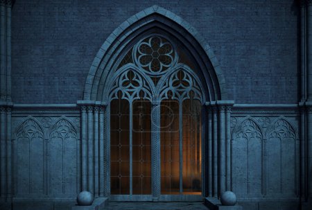 3D-Illustration. Verlassenes Nachtschloss mit einem großen gotischen Fenster oder einer Krypta. Mittelalterliche Kathedrale