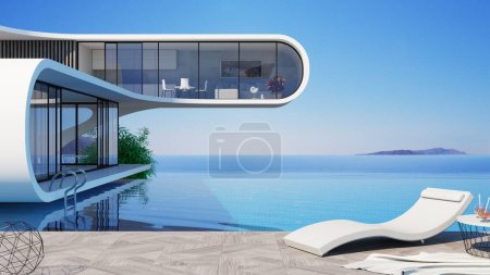 Téléchargez les photos : Illustration 3D. Concept d'une villa futuriste moderne en bord de mer avec piscine. Style minimaliste, constructivisme - en image libre de droit