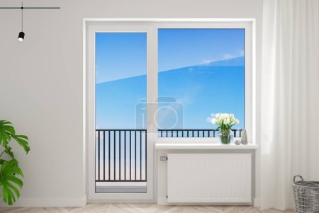 Téléchargez les photos : Illustration 3D. La porte ouverte en plastique moderne blanc avec fenêtre dans la chambre . - en image libre de droit