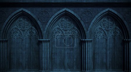 Illustration 3D. Château de nuit abandonné avec une grande fenêtre gothique ou une crypte. Cathédrale architecture médiévale