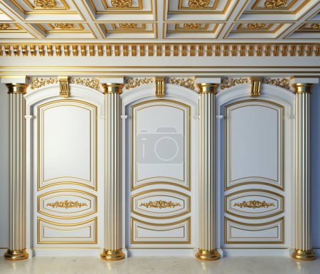 3d illustration. Classic cabinet wall of biege old gold wood panels. Joinery in the interior. Background.