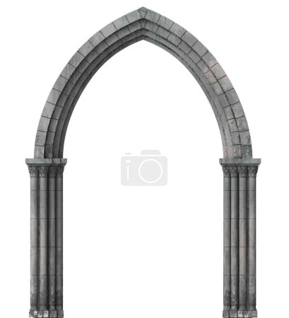 Illustration 3D. Château en arc abandonné avec une grande fenêtre gothique ou une crypte. Cathédrale architecture médiévale