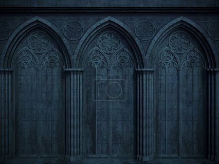 3D-Illustration. Verlassenes Nachtschloss mit einem großen gotischen Fenster oder einer Krypta. Mittelalterliche Kathedrale