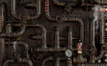 Téléchargez les photos : Illustration 3D. Fond sombre mur loft steampunk lampe de tuyaux. Bannière ou maquette. - en image libre de droit