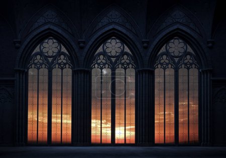 Illustration 3D. Château abandonné avec une grande fenêtre gothique les rayons du coucher du soleil. Cathédrale architecture médiévale