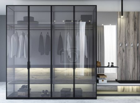Foto de Ilustración 3d. Armario oscuro moderno y puertas de loft minimalistas. Muebles - Imagen libre de derechos