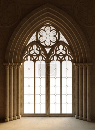 Illustration 3D. Fond de fenêtre gothique vintage carte postale