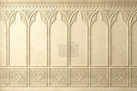 3d illustration. Classic cabinet or castle wall made of gothic wood paneling