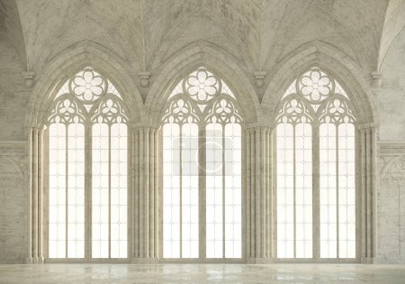 Illustration 3D. Château abandonné avec une grande fenêtre gothique les rayons du coucher du soleil. Cathédrale architecture médiévale