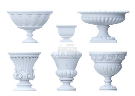 3d illustration.Set of vintage marble classic garden vases