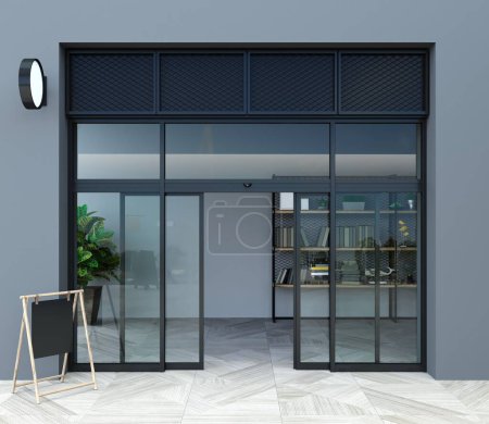 Photo for 3D illustration. The facade mockup of a modern shopping center or station, an airport with automatic sliding doors. - Royalty Free Image
