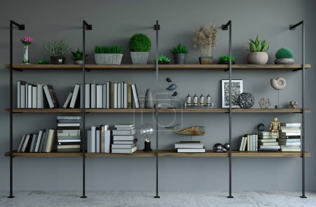 3d illustration. Modern interior in loft style background old wall. Furniture and shelves. Bookcase. Studio for creativity