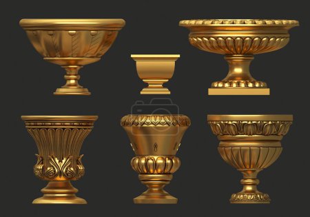 3D-Illustration.Set klassischer Gartenvasen mit goldenen Vasen