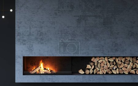3d illustration. Modern glass corner fireplace in the interior in the style of minimalism or loft. Heating technology
