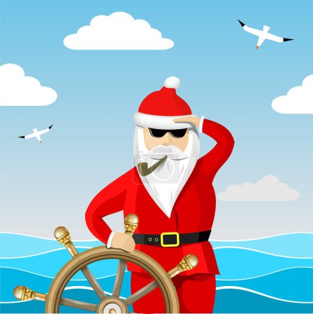 Weihnachtsmann-Kapitän mit dunkler Brille am Steuer im Meer. Meereswellen und Möwen ringsum. Vektorgrafiken. Neues Jahr, Weihnachtsurlaub