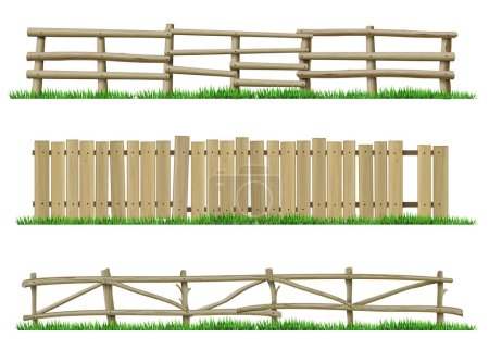 Illustration for Set of classic sections of wooden fences and railings for a farm. Vector graphics. Old wooden fences made of sticks - Royalty Free Image