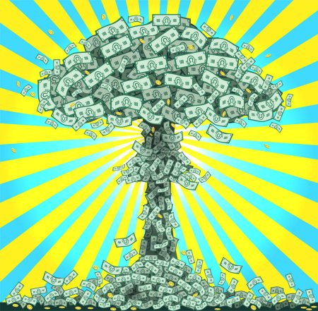 Clipart caricature. Nuclear explosion from dollar bills. Financial investment success. Humor