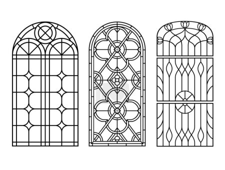 Illustration for Arched vintage old windows set with stained glas. Architecture Vector elements. Art Nouveau architecture - Royalty Free Image