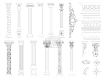 Coloriage de contour ensemble de colonnes classiques. Ensemble de motifs dans les graphiques vectoriels