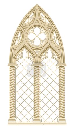 Téléchargez les illustrations : Cathédrale gothique réaliste vitrail médiéval et arc en pierre. Contexte ou texture. Élément architectural - en licence libre de droit