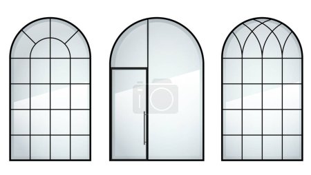 Illustration for Set of classic arched wooden doors for a balcony. Doors of different colors. Vector graphics - Royalty Free Image