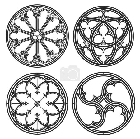 Ilustración de Conjunto de siluetas vectoriales de ventanas góticas redondas de la catedral. Forja o vidrieras. - Imagen libre de derechos
