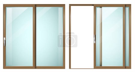 Illustration for Modern sliding metal wooden door or window. Vector with transparent glass - Royalty Free Image
