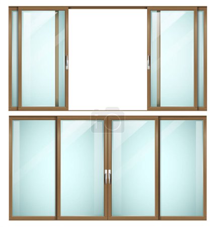 Illustration for Modern sliding metal wooden door or window. Vector with transparent glass - Royalty Free Image
