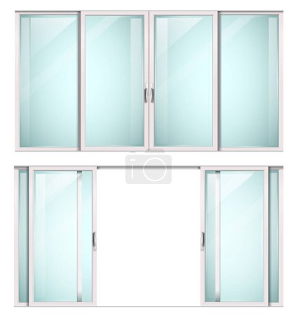 Téléchargez les illustrations : Porte ou fenêtre coulissante moderne en métal blanc. Vecteur avec verre transparent - en licence libre de droit