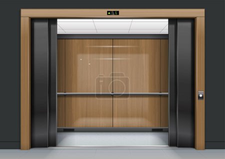 Téléchargez les illustrations : Portail ascenseur avec cadre en bois. Graphiques vectoriels. intérieur sombre - en licence libre de droit