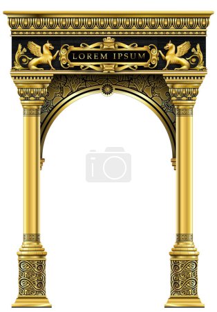 Illustration for Golden luxury classic arch with columns. The portal in Baroque style. Classic arch with golden griffins. Triumphal Arch. Casino. - Royalty Free Image