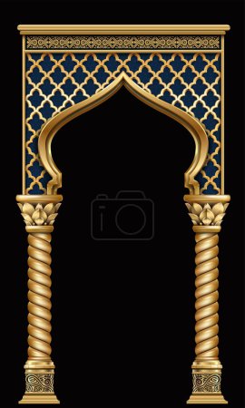 Illustration for Golden luxury classic arch with columns. The portal in Baroque style. The entrance to the fairy Palace. Triumphal Arch. Casino. - Royalty Free Image