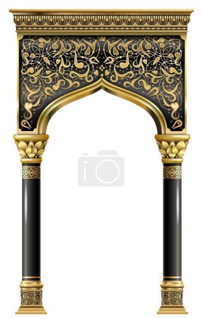Illustration for Golden luxury classic arch with columns. The portal in Baroque style. The entrance to the fairy Palace. Triumphal Arch. Casino. - Royalty Free Image