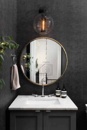 Téléchargez les photos : Une salle de bain avec papier peint en peau de serpent noir, miroir circulaire en or, comptoir en marbre sur une armoire grise et luminaire moderne noir. - en image libre de droit