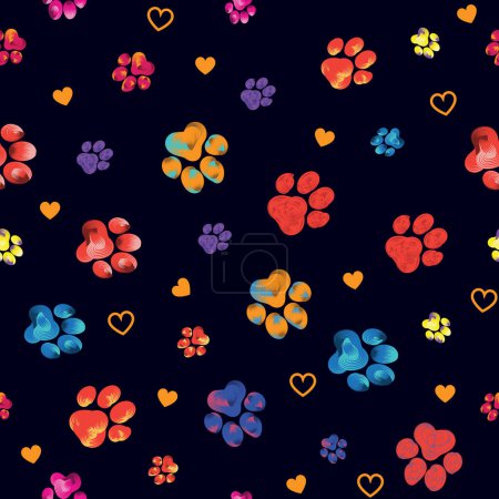 Ilustración de Pata animal arco iris huellas con corazones sobre un fondo negro. Siluetas de gato, huella de perro. Ilustración vectorial de pincelada. Para papel pintado, cubierta, textil, estampados de tela - Imagen libre de derechos