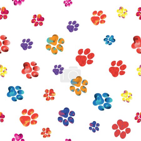Ilustración de Diferentes rastros de huellas de pata de animal arco iris sobre un fondo transparente. Siluetas de gato, huella de perro. Ilustración vectorial de pincelada. Para papel pintado, cubierta, textil, estampados de tela - Imagen libre de derechos
