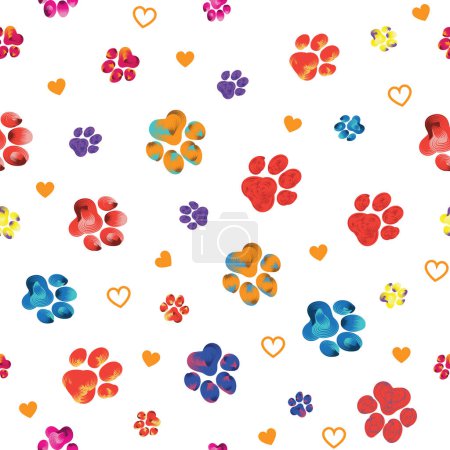 Ilustración de Pata animal arco iris huellas con corazones sobre un fondo transparente. Siluetas de gato, huella de perro. Ilustración vectorial de pincelada. Para papel pintado, cubierta, textil, estampados de tela - Imagen libre de derechos